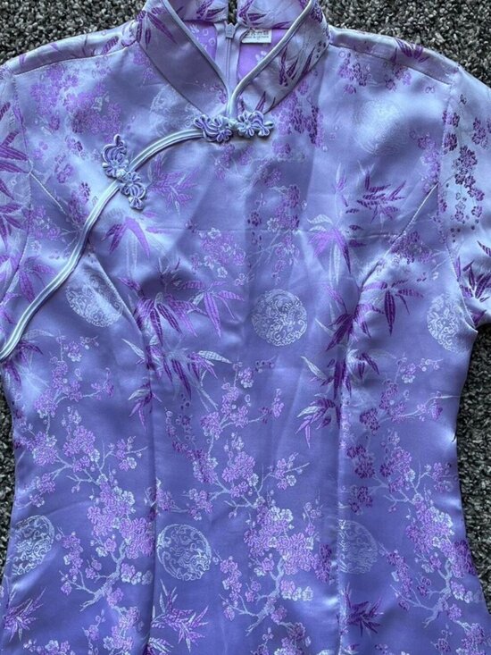 The Unbranded Brand Dresses & Skirts - Purple Silver Floral Satin Cheongsam Dress Korean Floral Kawaii Elegant Formal